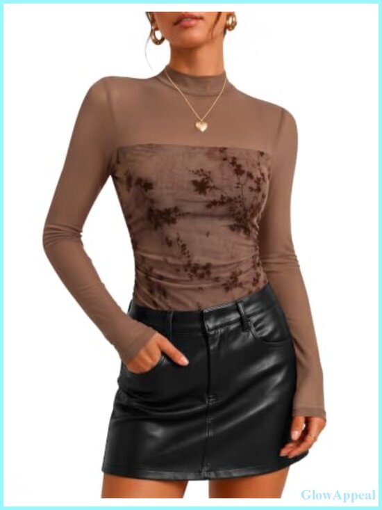 Tops - ZESICA Women's Long Sleeve Turtleneck Floral Sheer Mesh Ruched Top